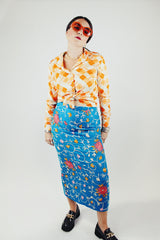 midi length blue high waist pencil skirt with all over floral embroidery 1990's