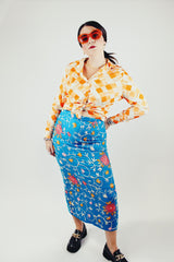 midi length blue high waist pencil skirt with all over floral embroidery 1990's