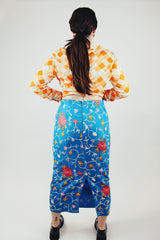 midi length blue high waist pencil skirt with all over floral embroidery 1990's