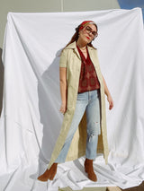 short sleeve button up shirt dress tan cotton ankle length vintage