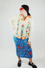 long sleeve cream mohair pullover sweater with v neck and embroidered flowers vintage 1960's