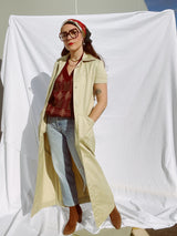 short sleeve button up shirt dress tan cotton ankle length vintage