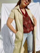 short sleeve button up shirt dress tan cotton ankle length vintage