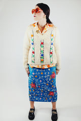 long sleeve cream mohair pullover sweater with v neck and embroidered flowers vintage 1960's