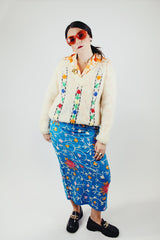 long sleeve cream mohair pullover sweater with v neck and embroidered flowers vintage 1960's