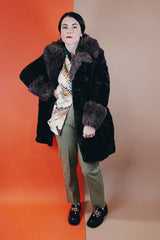 Women's vintage 1970's Styled by Davis of Boston, A Division of Jonathan Logan label long sleeve faux fur coat in two different tones of brown and texture.