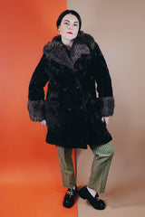 Women's vintage 1970's Styled by Davis of Boston, A Division of Jonathan Logan label long sleeve faux fur coat in two different tones of brown and texture.