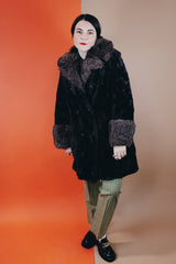 Women's vintage 1970's Styled by Davis of Boston, A Division of Jonathan Logan label long sleeve faux fur coat in two different tones of brown and texture.