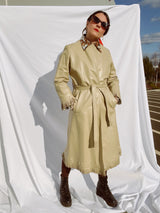 tan leather long wrap coat with fringe trim women's vintage 1980's