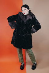 Women's vintage 1970's Styled by Davis of Boston, A Division of Jonathan Logan label long sleeve faux fur coat in two different tones of brown and texture.