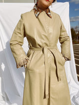 tan leather long wrap coat with fringe trim women's vintage 1980's