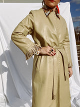 tan leather long wrap coat with fringe trim women's vintage 1980's