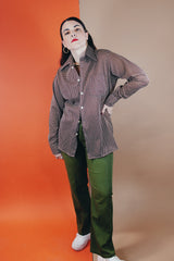 Men's or women's vintage 1970's Van Heusen Sportswear label long sleeve button up shirt with a pointy collar in a soft lightweight Polyester material. Brown with white polka dots.