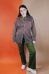 Men's or women's vintage 1970's Van Heusen Sportswear label long sleeve button up shirt with a pointy collar in a soft lightweight Polyester material. Brown with white polka dots.