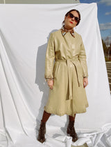 tan leather long wrap coat with fringe trim women's vintage 1980's