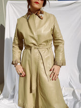 tan leather long wrap coat with fringe trim women's vintage 1980's