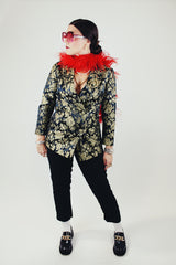 long sleeve black with all over gold metallic floral print double breasted blazer vintage