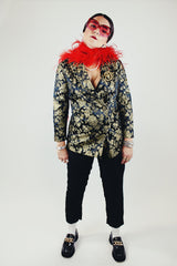 long sleeve black with all over gold metallic floral print double breasted blazer vintage