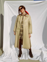 tan leather long wrap coat with fringe trim women's vintage 1980's