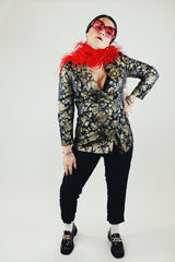 long sleeve black with all over gold metallic floral print double breasted blazer vintage