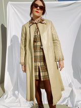 tan leather long wrap coat with fringe trim women's vintage 1980's