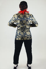 long sleeve black with all over gold metallic floral print double breasted blazer vintage