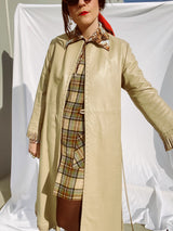 tan leather long wrap coat with fringe trim women's vintage 1980's