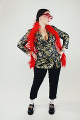 long sleeve black with all over gold metallic floral print double breasted blazer vintage