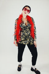 long sleeve black with all over gold metallic floral print double breasted blazer vintage