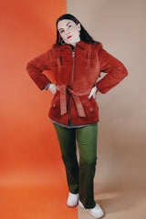 Women's vintage 1970's Genuine Leather, Made in Uruguay label burn orange suede leather zip up jacket with collar and matching tie belt and a faux fur liner