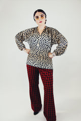 long sleeve leopard print blouse with tunic neckline vintage 1970's