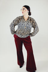 long sleeve leopard print blouse with tunic neckline vintage 1970's