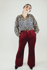 red and black plaid polyester wrangler bell bottom pants vintage 1970's