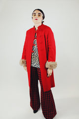 long sleeve red coat with fur trim cuffs 1960s