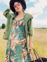 pea green mohair open cardigan with back flap and front pockets vintage women's 1960's