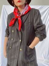 long sleeve black blazer with red pin striped double breasted vintage 1970's