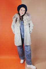 Vintage women's 1970's Imperial Leather & Sportswear, Made in Canada label long sleeve long length light grey leather coat with a faux trim around collar