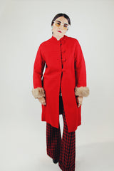 long sleeve red coat with fur trim cuffs 1960s
