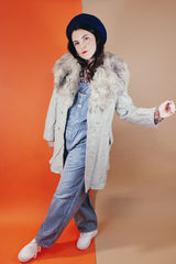 Vintage women's 1970's Imperial Leather & Sportswear, Made in Canada label long sleeve long length light grey leather coat with a faux trim around collar