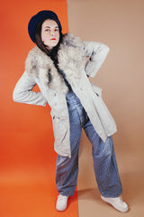 Vintage women's 1970's Imperial Leather & Sportswear, Made in Canada label long sleeve long length light grey leather coat with a faux trim around collar