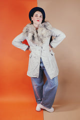 Vintage women's 1970's Imperial Leather & Sportswear, Made in Canada label long sleeve long length light grey leather coat with a faux trim around collar