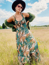 green and brown printed maxi length halter dress cotton vintage 1970's