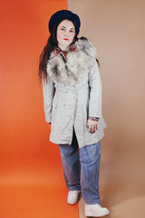 Vintage women's 1970's Imperial Leather & Sportswear, Made in Canada label long sleeve long length light grey leather coat with a faux trim around collar