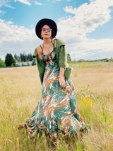 green and brown printed maxi length halter dress cotton vintage 1970's