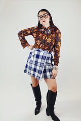 blue and white plaid print mini wrap skirt in acrylic vintage 1960's