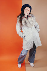 Vintage women's 1970's Imperial Leather & Sportswear, Made in Canada label long sleeve long length light grey leather coat with a faux trim around collar