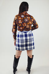 blue and white plaid print mini wrap skirt in acrylic vintage 1960's