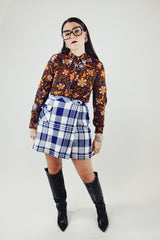 blue and white plaid print mini wrap skirt in acrylic vintage 1960's