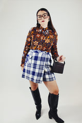 blue and white plaid print mini wrap skirt in acrylic vintage 1960's