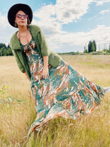 green and brown printed maxi length halter dress cotton vintage 1970's